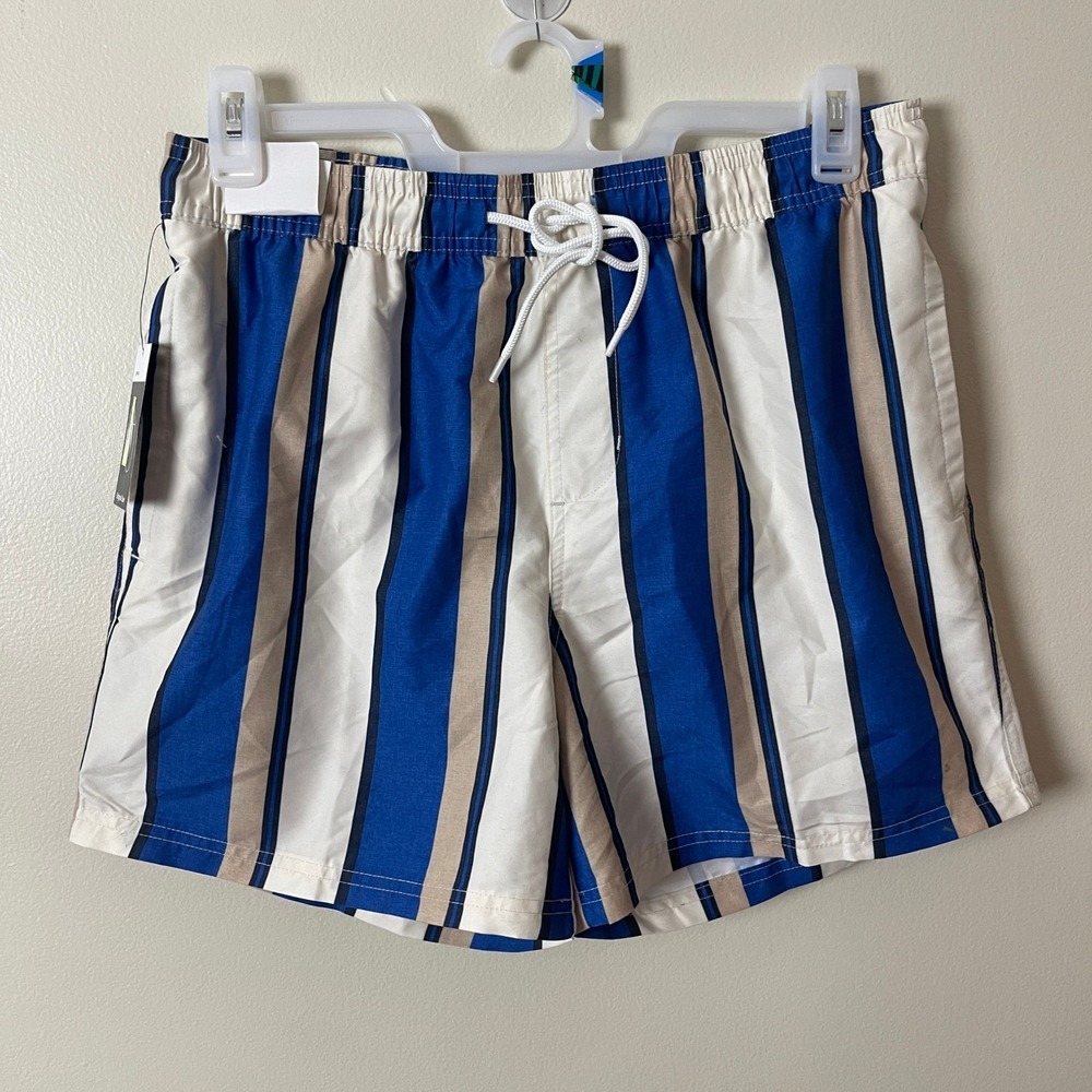 Original Use Mens Blue White Striped Swim Trunks UPF 50+ Mesh Lined LARGE NWT